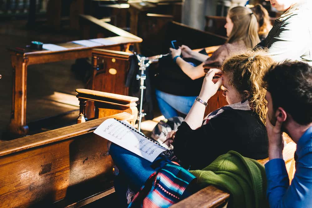 Sophie Sully studies a score during a CD recording